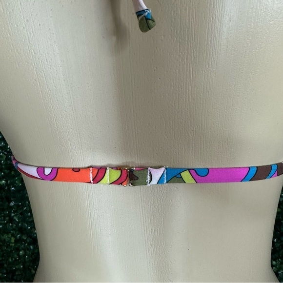 TRINA TURK Bright Floral Triangle Halter Gold Ring Bikini Top and Bottom Size 8 - Picture 12 of 16